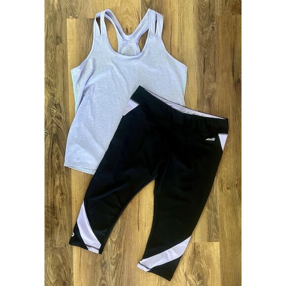 Lot 2 Avia Size L‎ Capri Black Leggings + Light Purple Activewear Razorback Top - Picture 1 of 15